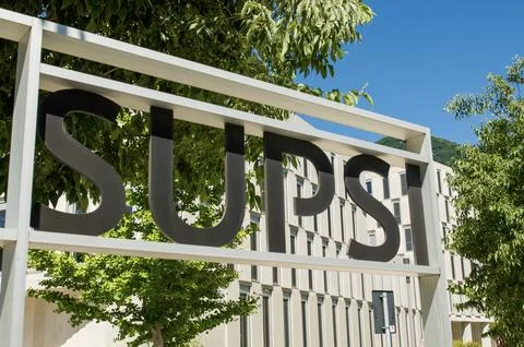 SUPSI University of Applied Sciences logo sign outside campus est in Lugano Stock Photos