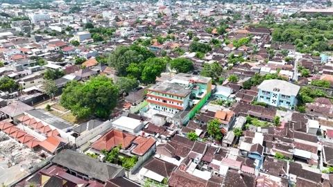Surakarta, Java, Indonesia aerial crane over house rooftops to cityscape. Big Stock-Footage 310283782