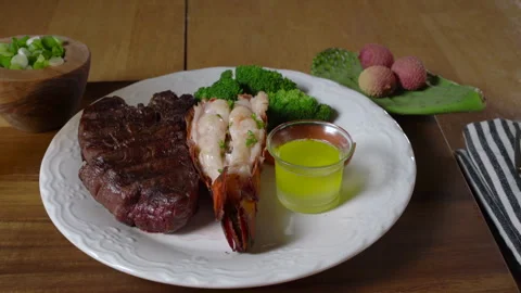 Surf and Turf with Vegetables Stock Footage 243554214