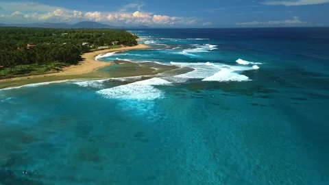 Surf Beach with Powerful Atlantic Ocean Waves, Aerial View Stock Footage 314805730