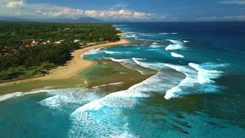 Surf Beach with Powerful Atlantic Ocean Waves, Aerial View Stock Footage 314806082