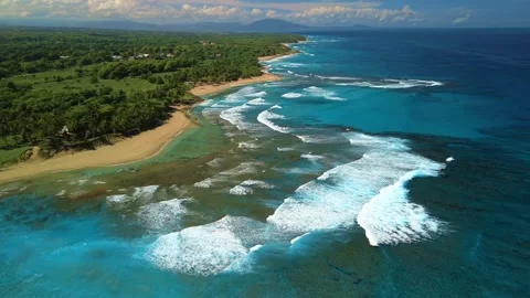 Surf Beach with Powerful Atlantic Ocean Waves, Aerial View Stock Footage 314806349