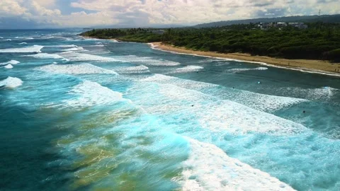 Surf Beach with Powerful Atlantic Ocean Waves, Aerial View Stock Footage 314806471