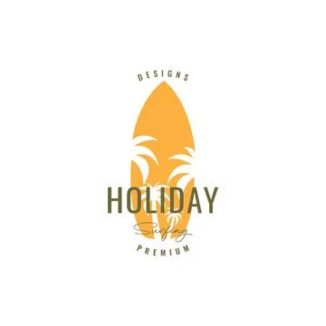 Surf board with coconut tree logo design Illustrazione stock