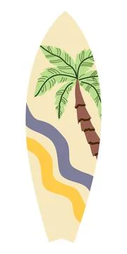 Surf Board Icon with Tropical Elements in Cartoon Style. A vibrant design Illustrazione stock