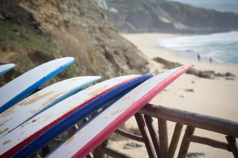 Surf boards on beach Stock Photos