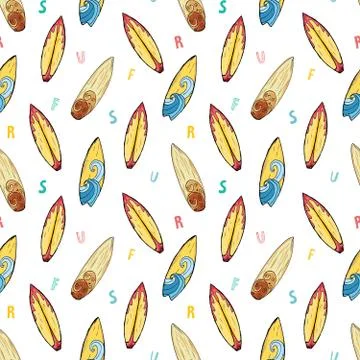 Surf boards seamless pattern hand drawn sketch background, typography design  Stock Illustration