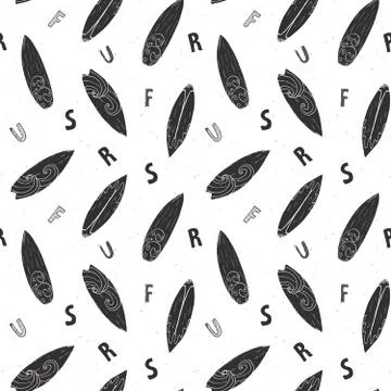 Surf boards seamless pattern hand drawn sketch background, typography design, Stock Illustration