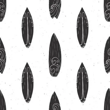 Surf boards seamless pattern hand drawn sketch background, typography design, Stock Illustration