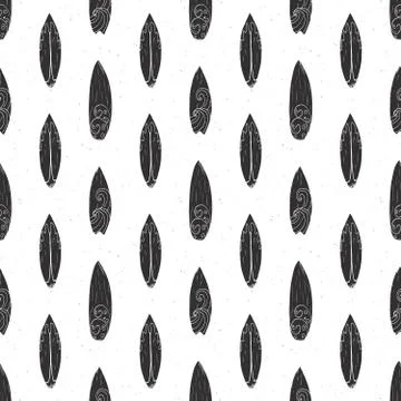 Surf boards seamless pattern hand drawn sketch background, typography design, Stock Illustration