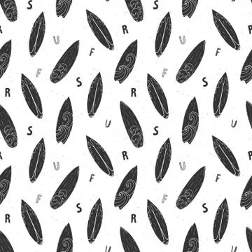 Surf boards seamless pattern hand drawn sketch background, typography design, Stock Illustration