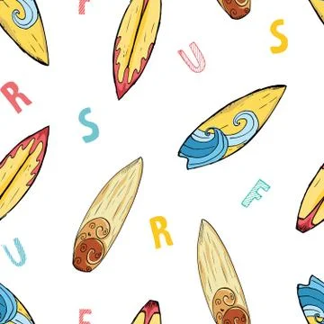 Surf boards seamless pattern hand drawn sketch background, typography design  스톡 일러스트