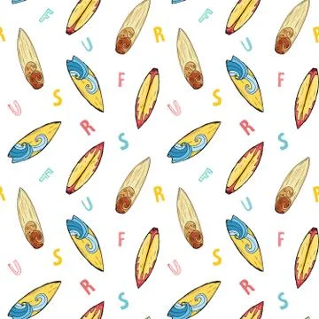 Surf boards seamless pattern hand drawn sketch background, typography design  Stock Illustration