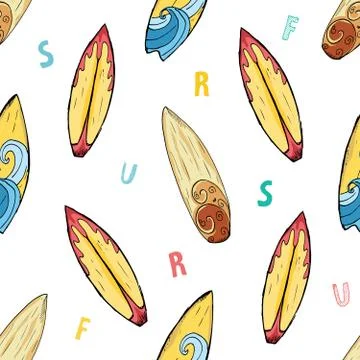 Surf boards seamless pattern hand drawn sketch background, typography design  Stock Illustration
