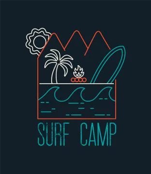 Surf camp text quote with line art beach icons Illustrazione stock