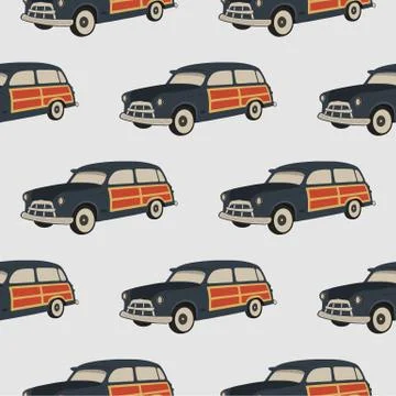 Surf car pattern. Surfing seamless wallpaper. Summer background with old Stock Illustration