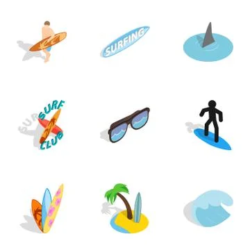 Surf elements icons set, isometric 3d style Stock Illustration