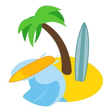 Surf island icon isometric vector. Surfboard on paradise island with palm tree 스톡 일러스트