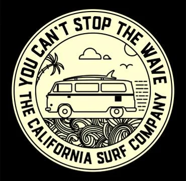 Surf label with van and surf elements Stock Illustration