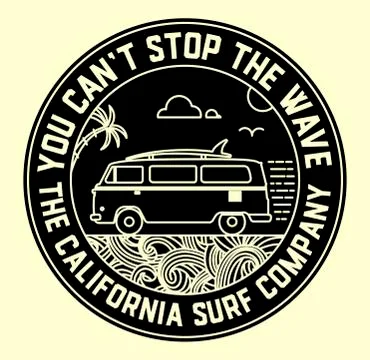 Surf label with van and surf elements Stock Illustration