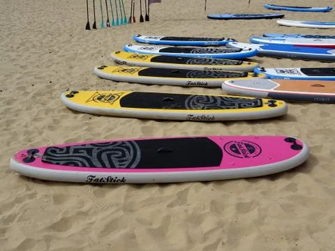 Surf Paddle Boards On The Beach Stock Photos