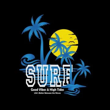 Surf Palm Beach Sunset Graphic With Good Vibes High Tides Tropical Wave Design Illustrazione stock