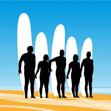 Surf pose Surfers with surfboards posing for the picture on a beach backgr... Stock Photos