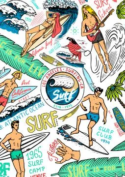Surf poster. Vintage Surfer banner. Retro Wave and palm. Summer California card Stock Illustration