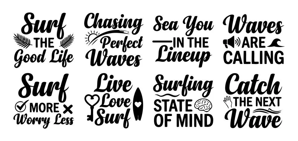 Surf Quote Typography Bundle With Beach Wave Surfing Lettering Collection Stock-Illustration