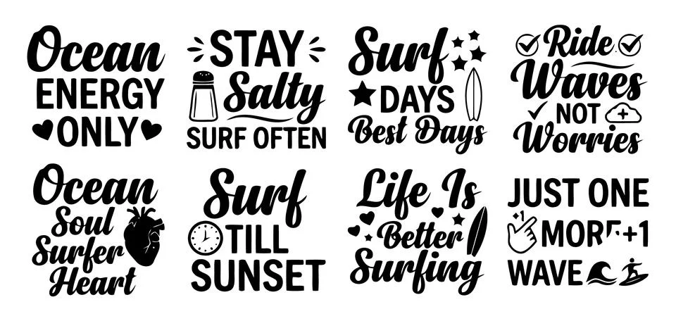 Surf Quote Typography Bundle With Coastal Wave Sayings Beach Surfing Stock-Illustration