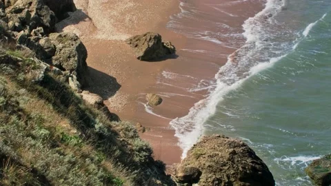 The surf runs over a sandy beach in the steppe, with the land with dried grass Stock Footage 220633111