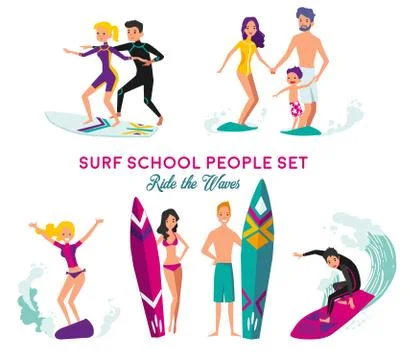 Surf School Decorative Elements Set Stock Illustration