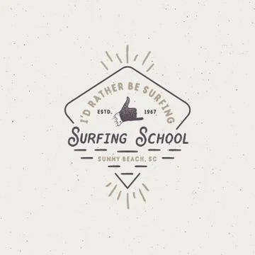 Surf school emblem in unique retro style. Best for summer t-shirts, travel mugs Stock Illustration
