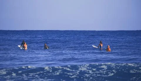Surf school, students waiting for the first wave. Surfer on the wave. beautif Stock Photos
