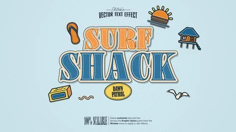 Surf Shack embroidered patch text effect in orange and ocean blue Stock Illustration