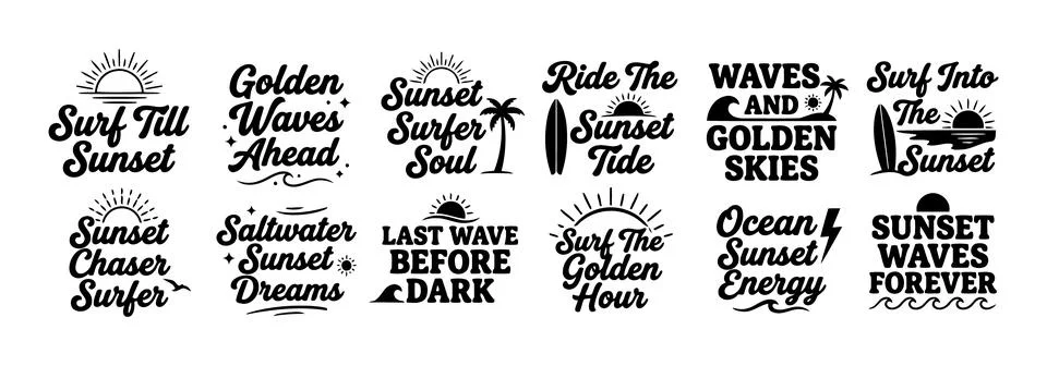 Surf Sunset Typography Bundle With Beach Wave Quotes and Vintage Coastal Illustrazione stock