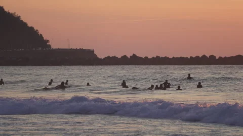 Surf Sunset in wild ocean, Basque Country Video stock 152633538