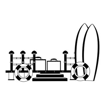 Surf tables and float with suitcase in black and white Stock Illustration