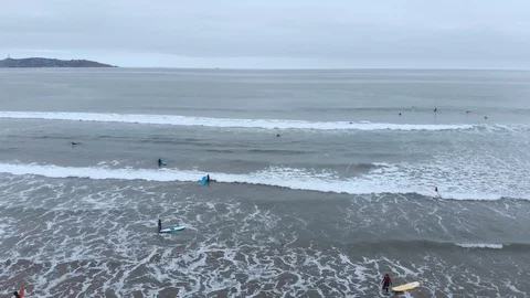 Surf training, Pacific Ocean (La Serena, Chile) aerial view, drone footage 動画素材 120349430