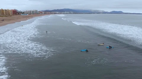 Surf training, Pacific Ocean (La Serena, Chile) aerial view, drone footage Stock Footage 120349622