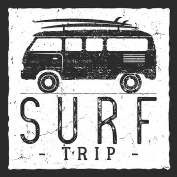 Surf trip concept. Vector Summer surfing retro badge. Beach surfer emblem , rv Ilustración de archivo