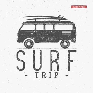 Surf trip concept Vector Summer surfing retro badge. Beach surfer emblem , rv Stock Illustration