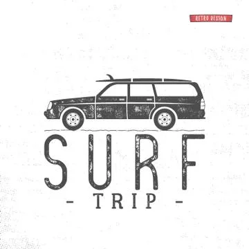 Surf trip concept Vector Summer surfing retro badge. Beach surfer emblem Stock Illustration