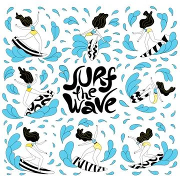 Surf the wave - hand drawn surfing emetion Stock Illustration
