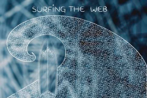 Surf the web digital wave with surfboard Illustrazione stock