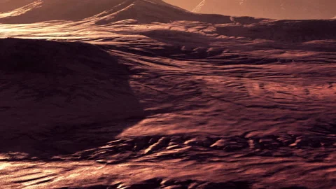 Surface of an alien planet with rugged terrain and shadows at sunset Stock Footage 342817706