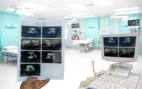 Surface blur View doctor checking ultrasound and bed Of Empty Emergency Roo.. Stock Photos