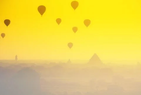 Surface blurry beautiful sunset and hot air balloon over ancient pagoda in My Stock Photos