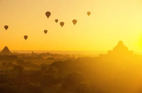 Surface blurry beautiful sunset and hot air balloon over ancient pagoda in My Stock Photos