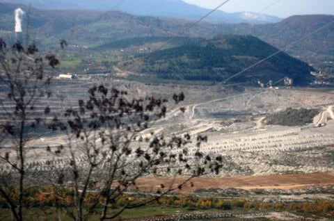 Surface coal mining pit panorama in Pljevlja, Montenegro. 库存照片
